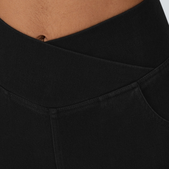 NWT!! Denim Crossover Waist Black Pocket Flare Stretch Knit High Waisted Md Tall - Picture 4 of 9